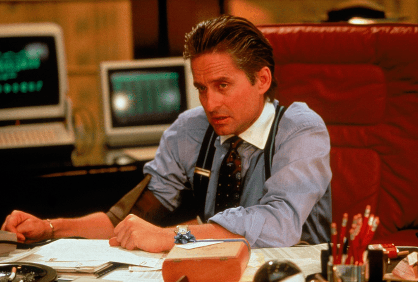 Michael Douglas como o personagem Gordon Gekko no Filme: Wall Street: Poder e Cobiça (1987).Um dos personagens mais famosos dos anos 80.