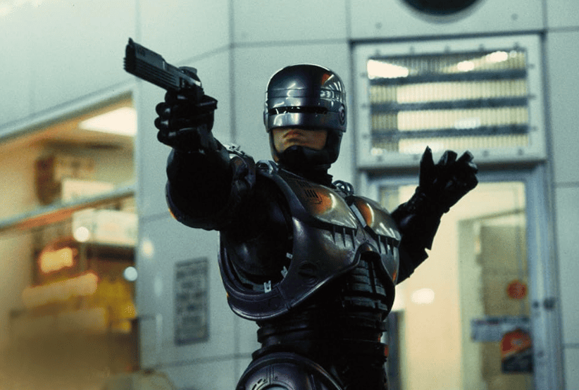 Peter Weller como o personagem Robocop no Filme: RoboCop – O Policial do Futuro (1987).Um dos personagens mais famosos dos anos 80.