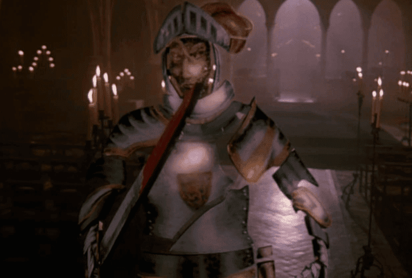Imagem de uma cavalheiro feito de vidro e todos em 3D no filme O Enigma da Pirâmide, um dos clássicos em Efeitos especiais e visuais.