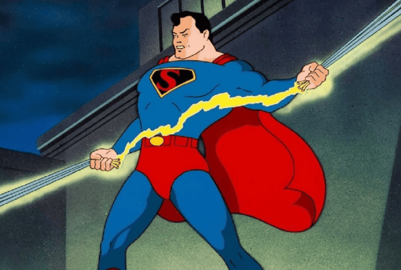 Superman (1940) tentar unir dois cabos de força. 