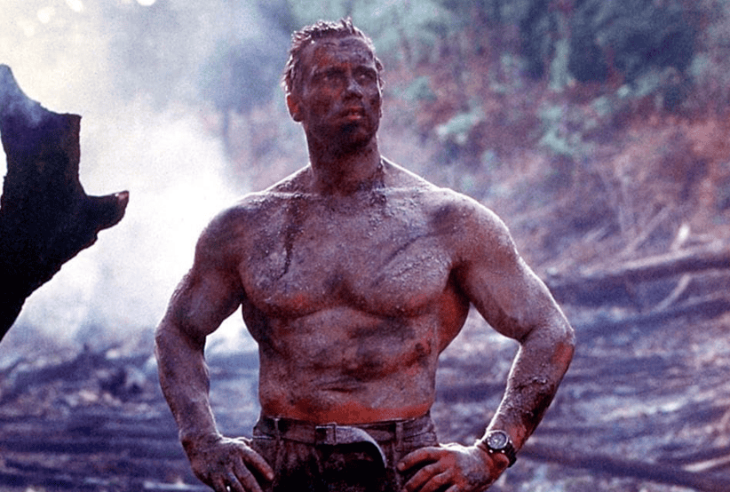 Arnold Schwarzenegger como Dutch Schaefer no filme Predador.