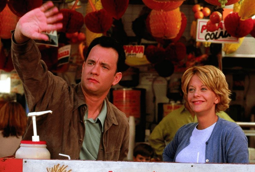 Kathleen Kelly (Meg Ryan) e Joe Fox (Tom Hanks) no filme Mensagem para Você (1998). Em uma lista dos melhores filmes de natal.